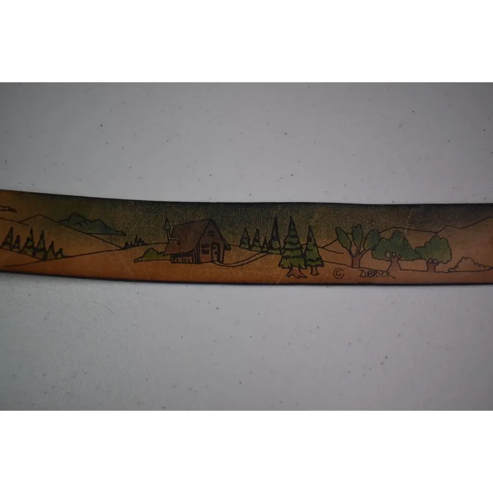 Leegin Vintage Painted Leather Belt 1975 Pastoral Scene Size 32